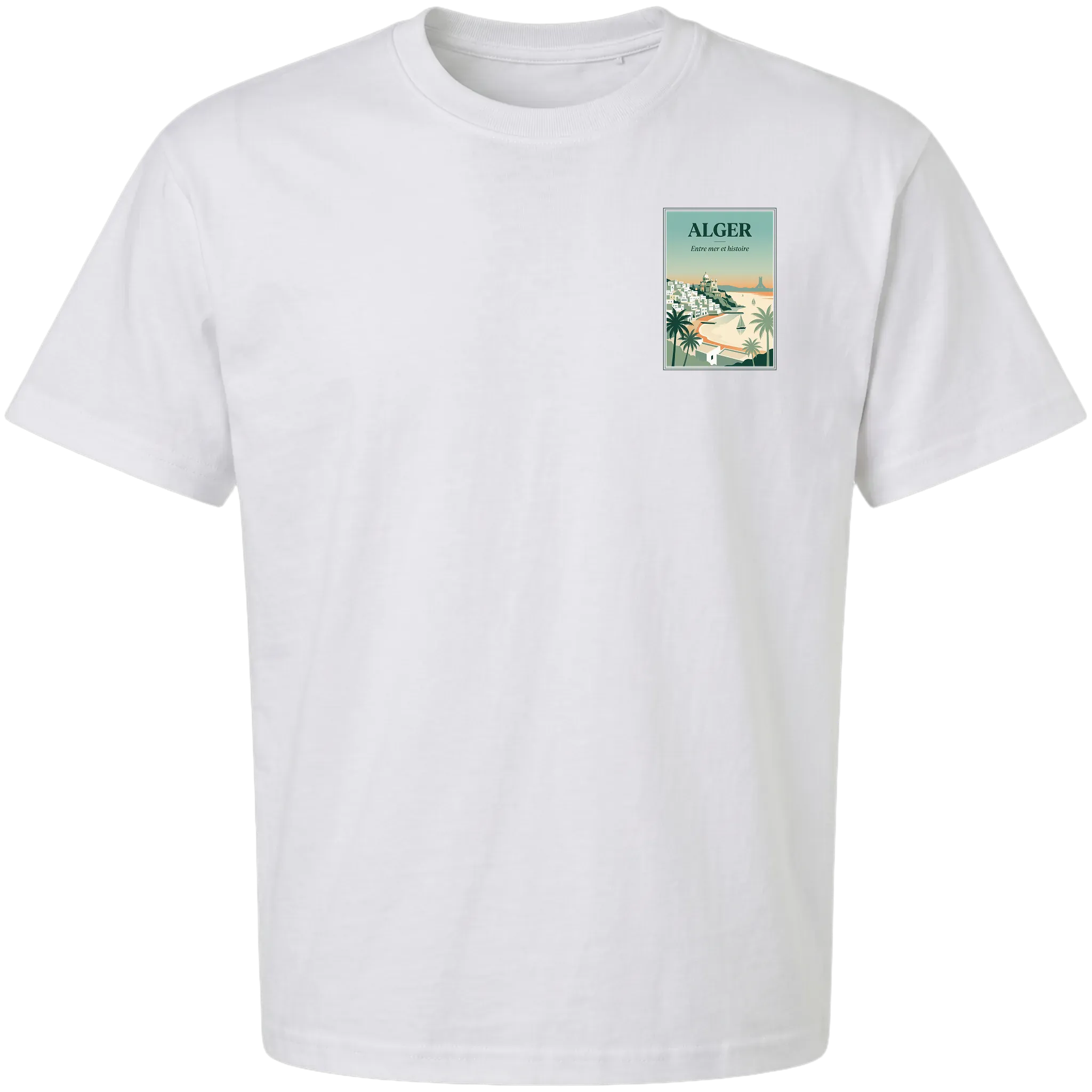 White Alger t-shirt front with small chest poster of the Bay of Algiers