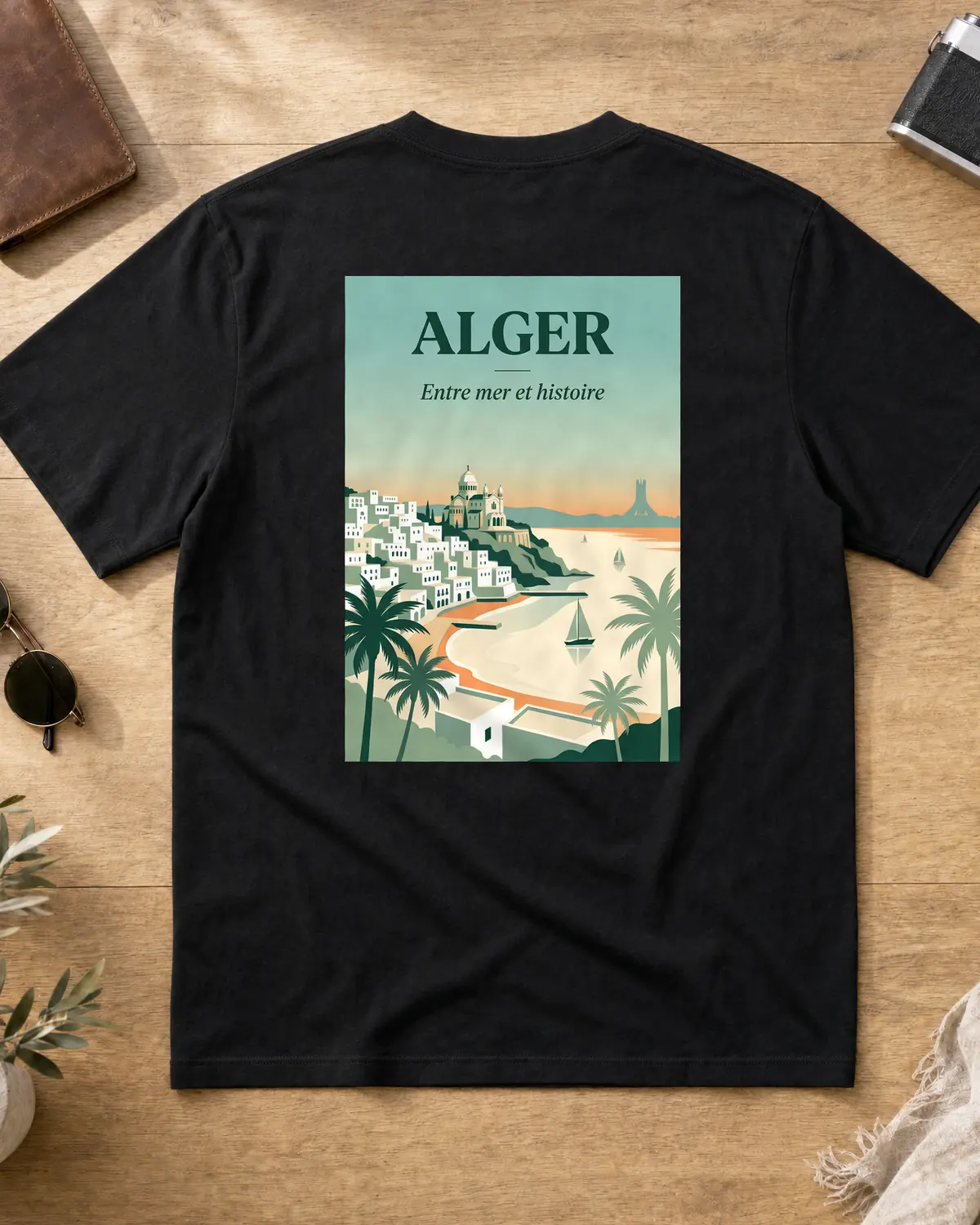 Black Alger t-shirt back with full vintage travel poster — white Casbah, Notre-Dame d'Afrique, Bay of Algiers and Martyrs' Memorial at sunset