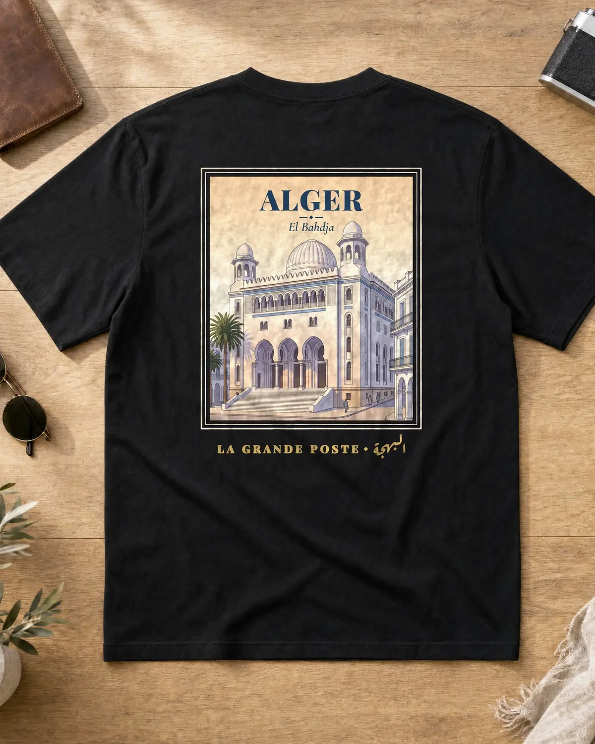 Black t-shirt back with a vintage poster of the Grande Poste of Algiers