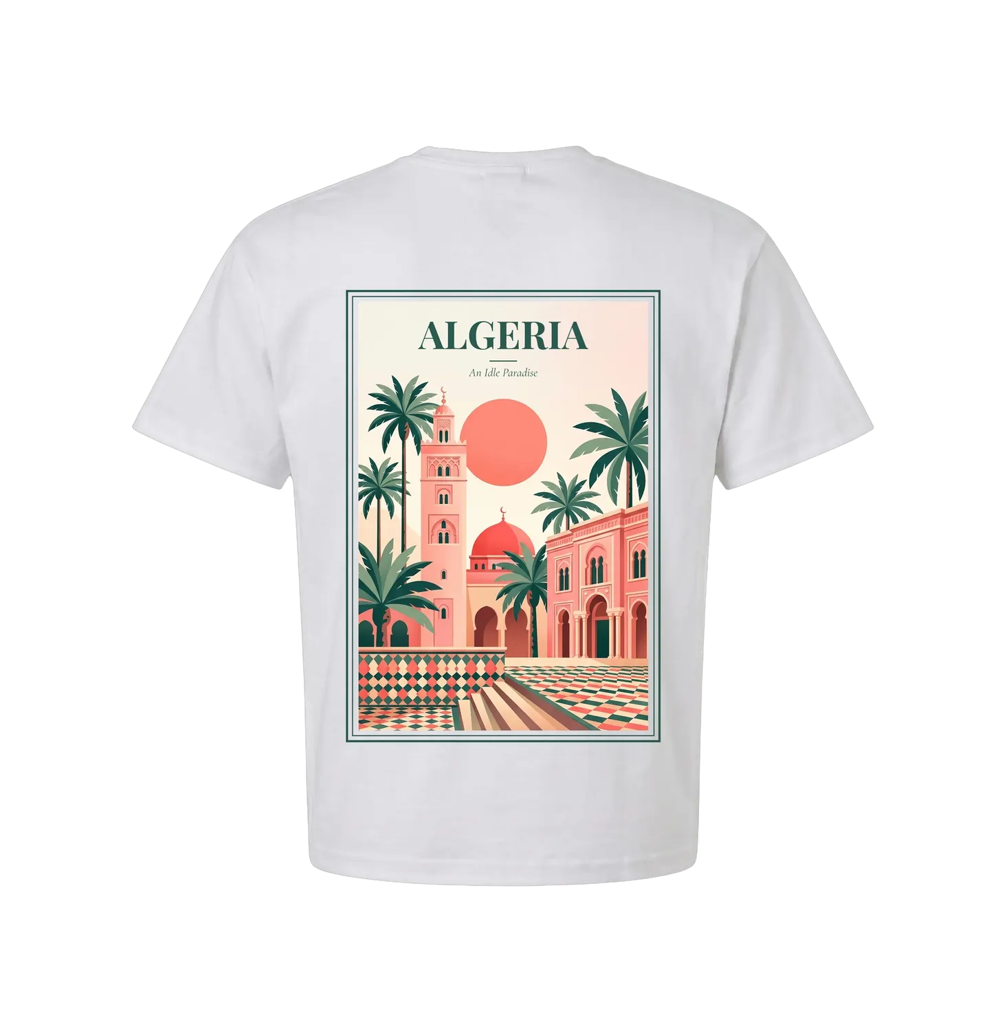 Algeria t-shirt back with green-titled vintage travel poster — Casbah minaret, palms, domed mosque, coral sun
