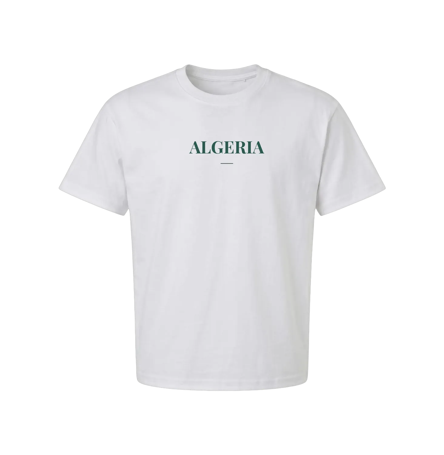 White Algeria t-shirt front with centred green serif ALGERIA wordmark