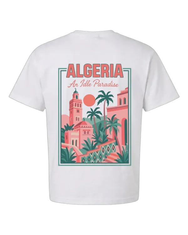 Algeria t-shirt back with vintage travel poster — Casbah minaret, palm trees, Mediterranean sunset in coral and teal