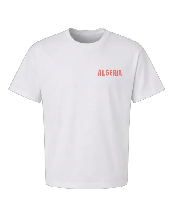 White Algeria t-shirt front with coral red ALGERIA chest wordmark