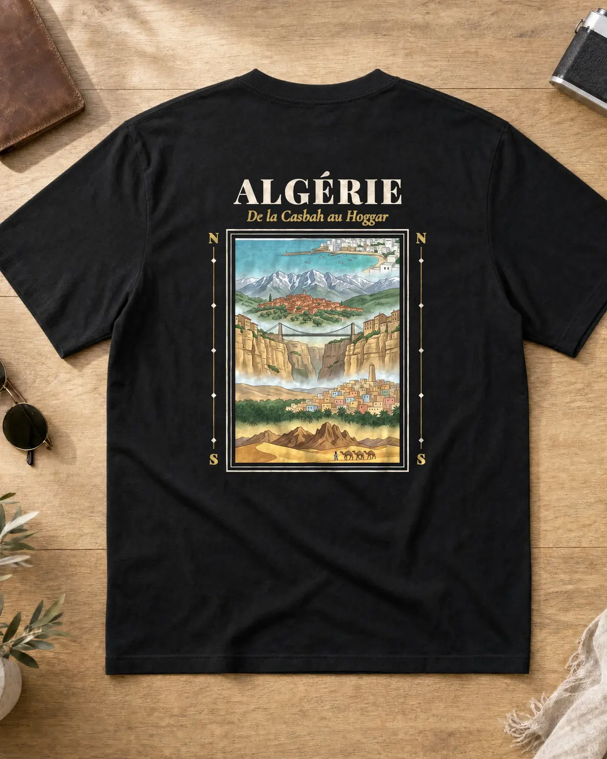 Black t-shirt back with an Algeria poster from the Casbah to the Hoggar