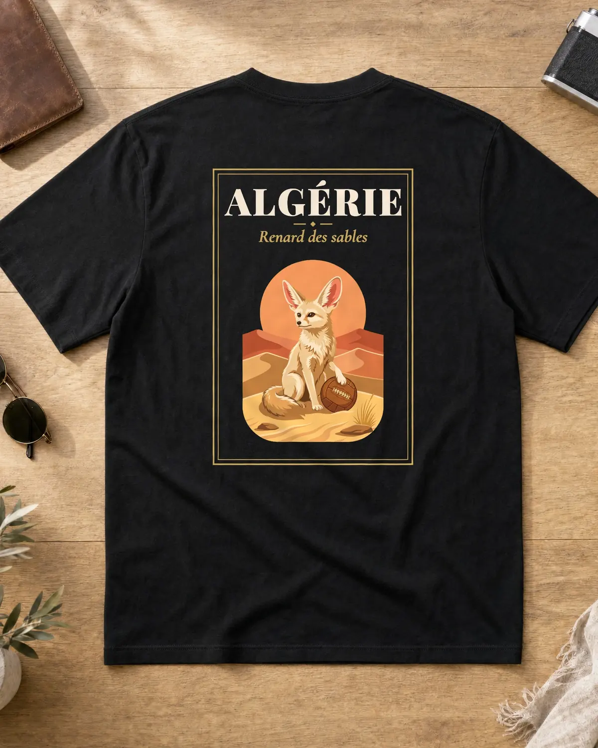 T-shirt noir, dos : affiche ALGÉRIE, fennec sur une dune avec un ballon en cuir