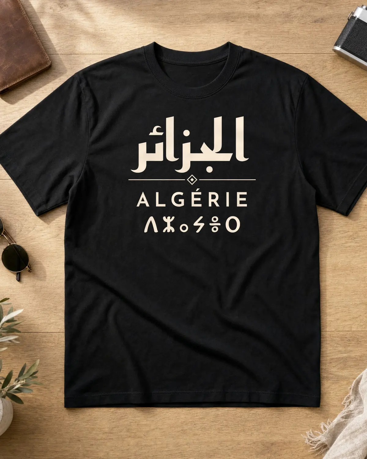 Black t-shirt front with الجزائر in kufi, ALGÉRIE and ⴷⵣⴰⵢⴻⵔ in Tifinagh
