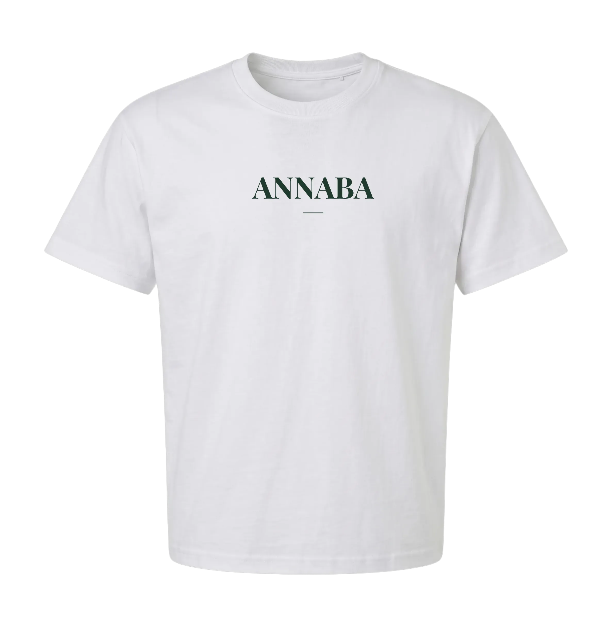 White Annaba t-shirt front with centered ANNABA wordmark in deep green