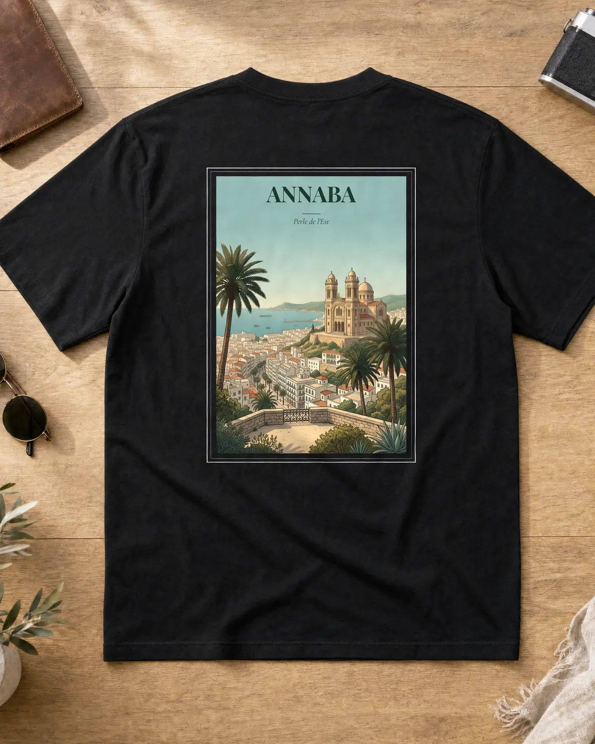 Black Annaba t-shirt back with a vintage poster of the Basilica of St. Augustine over the bay, palm trees and the tagline Perle de l'Est
