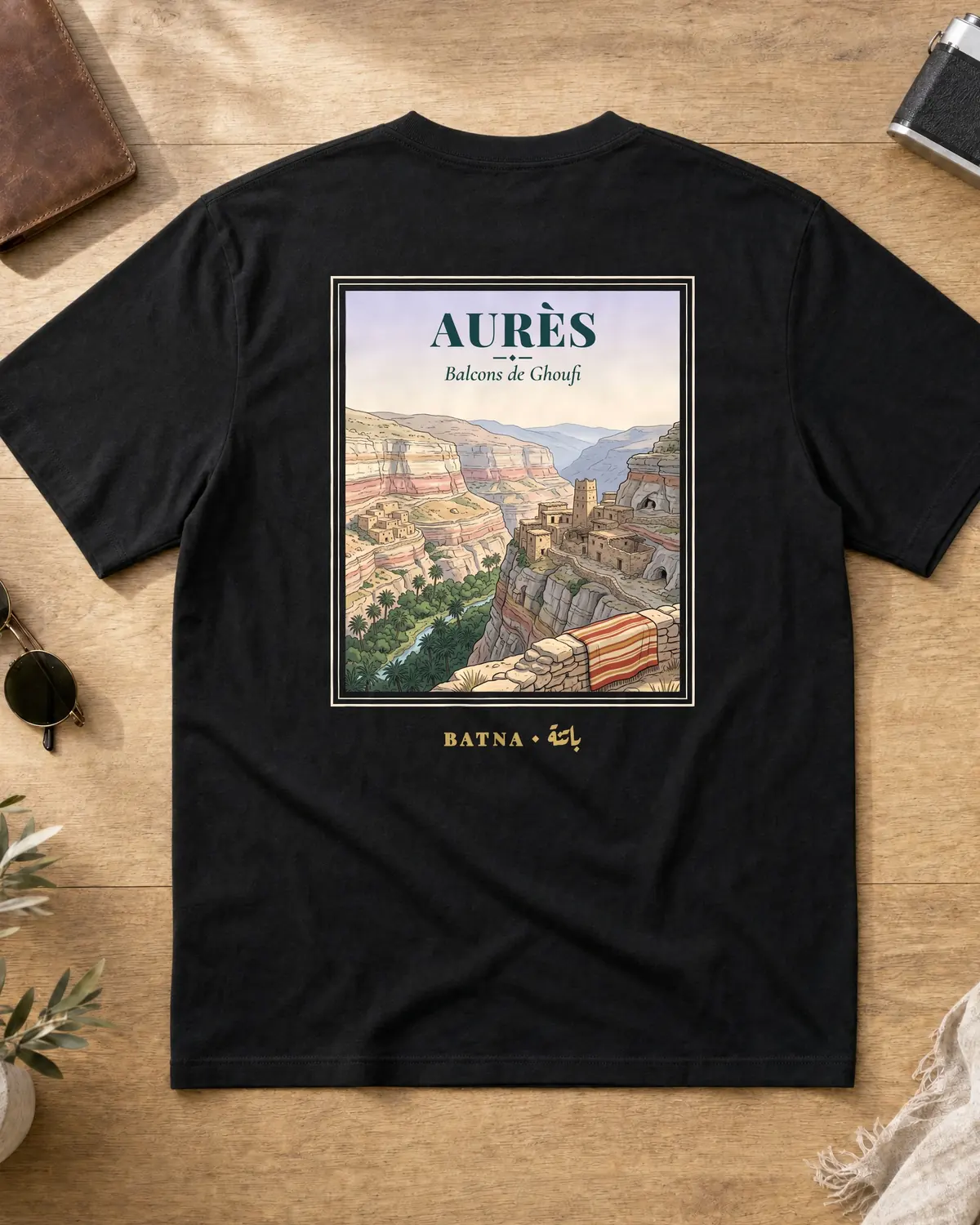T-shirt noir, dos : affiche de voyage Aurès, canyon des balcons de Ghoufi