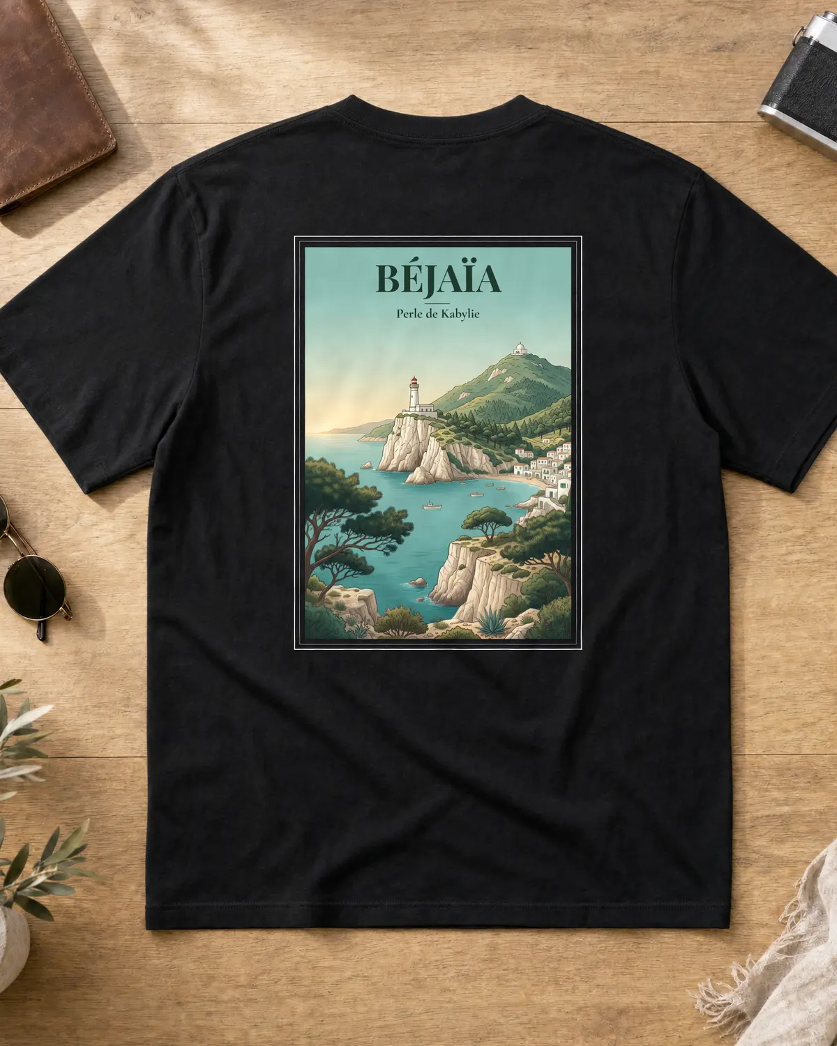 Black Béjaïa t-shirt back with a vintage poster of the Cap Carbon lighthouse on Kabyle cliffs, pine trees, the Mediterranean and the tagline Perle de Kabylie