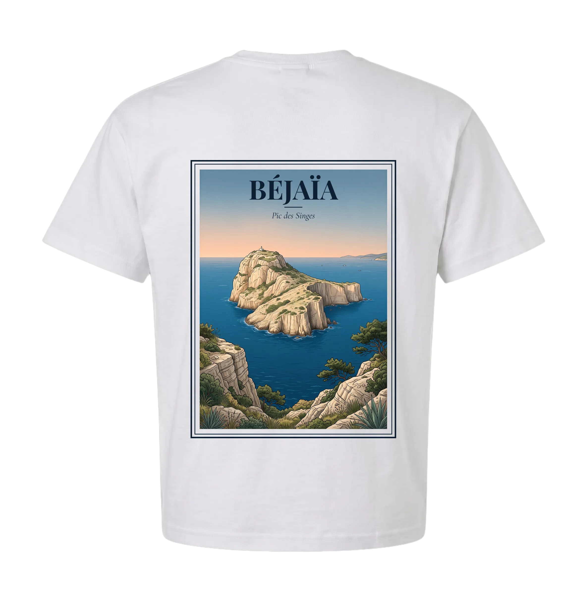 Béjaïa t-shirt back with vintage poster of Pic des Singes Monkey Peak rising from the Mediterranean at dawn, tagline Pic des Singes