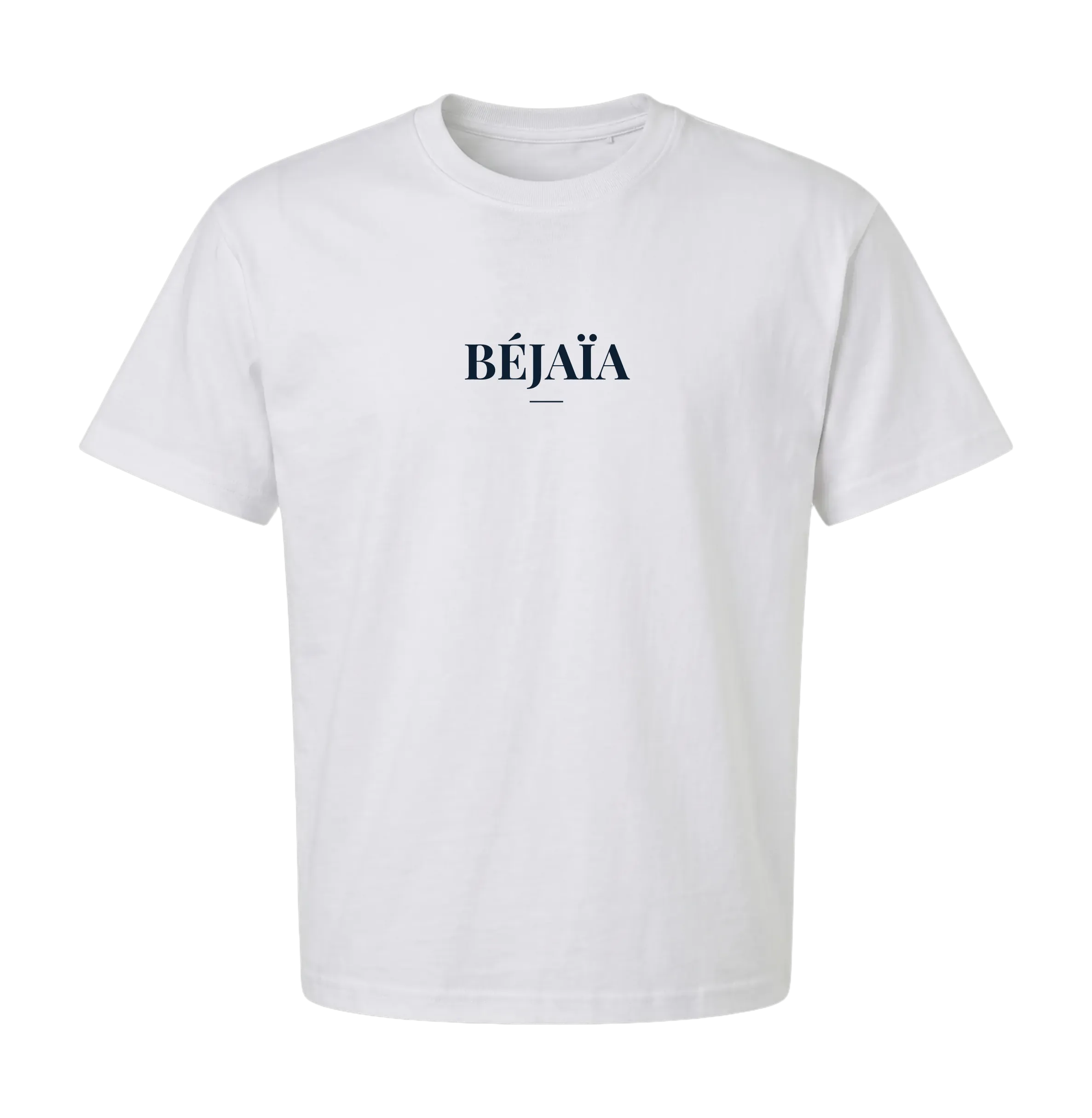 White Béjaïa t-shirt front with centered BÉJAÏA wordmark in navy