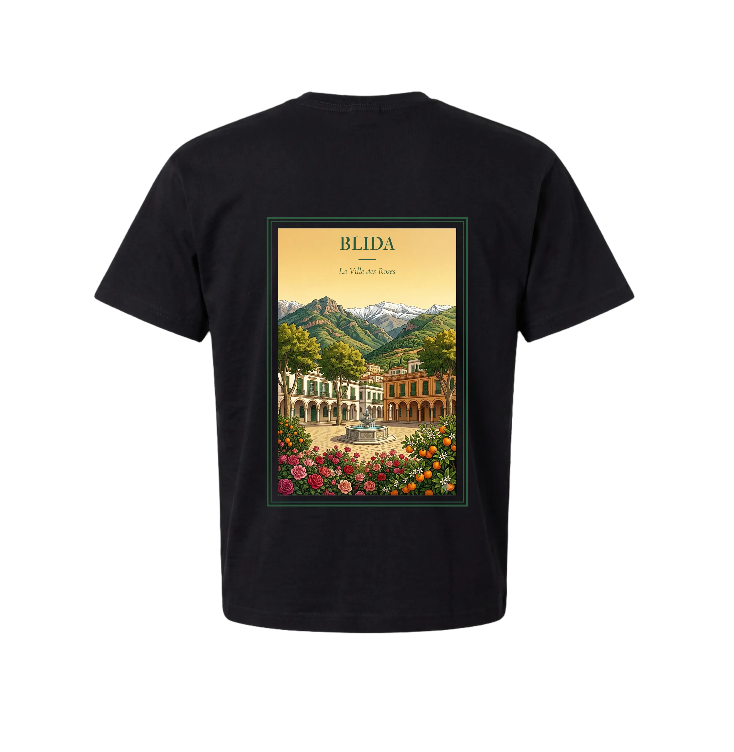Black t-shirt back with a vintage travel poster of Blida — an arcaded plaza, stone fountain, rose gardens and orange trees below the snow-capped Atlas — titled La Ville des Roses