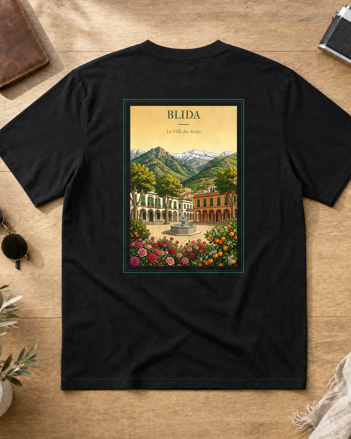 Black t-shirt back with a vintage travel poster of Blida — an arcaded plaza, stone fountain, rose gardens and orange trees below the snow-capped Atlas — titled La Ville des Roses