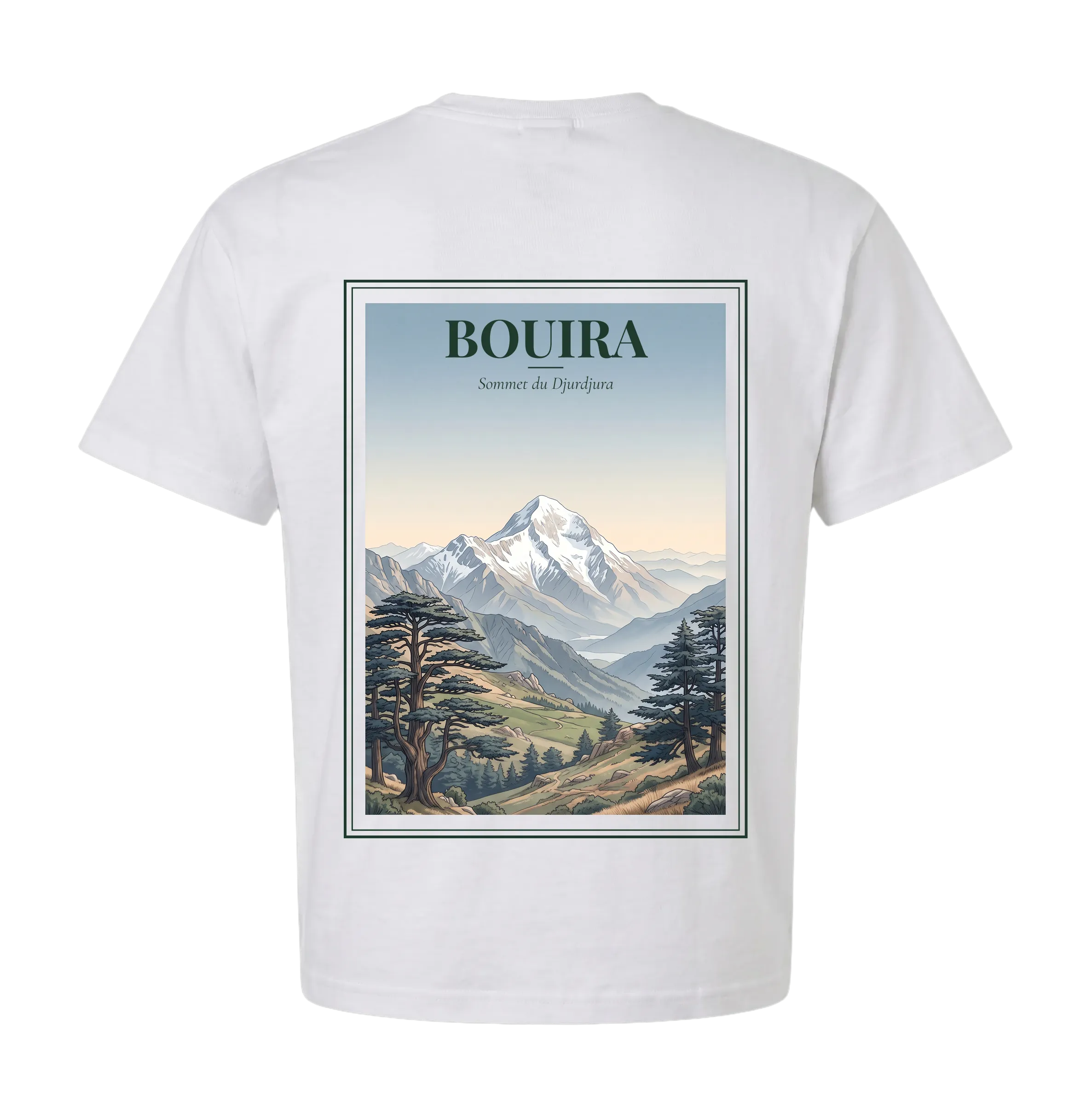 Bouira t-shirt back with vintage travel poster — snow-capped Djurdjura summit over Kabyle valleys