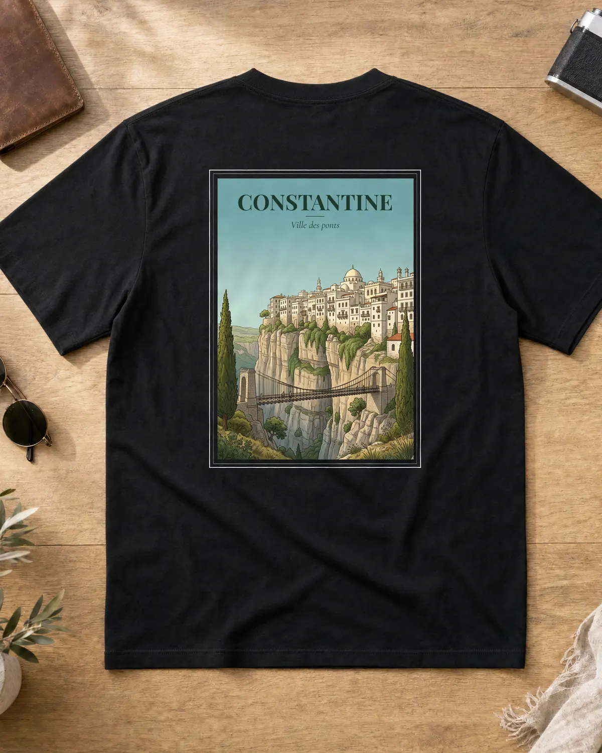 Black Constantine t-shirt back with a vintage poster of the city on the rock, the suspension bridge over the Rhumel gorge, cypress trees and the tagline Ville des ponts