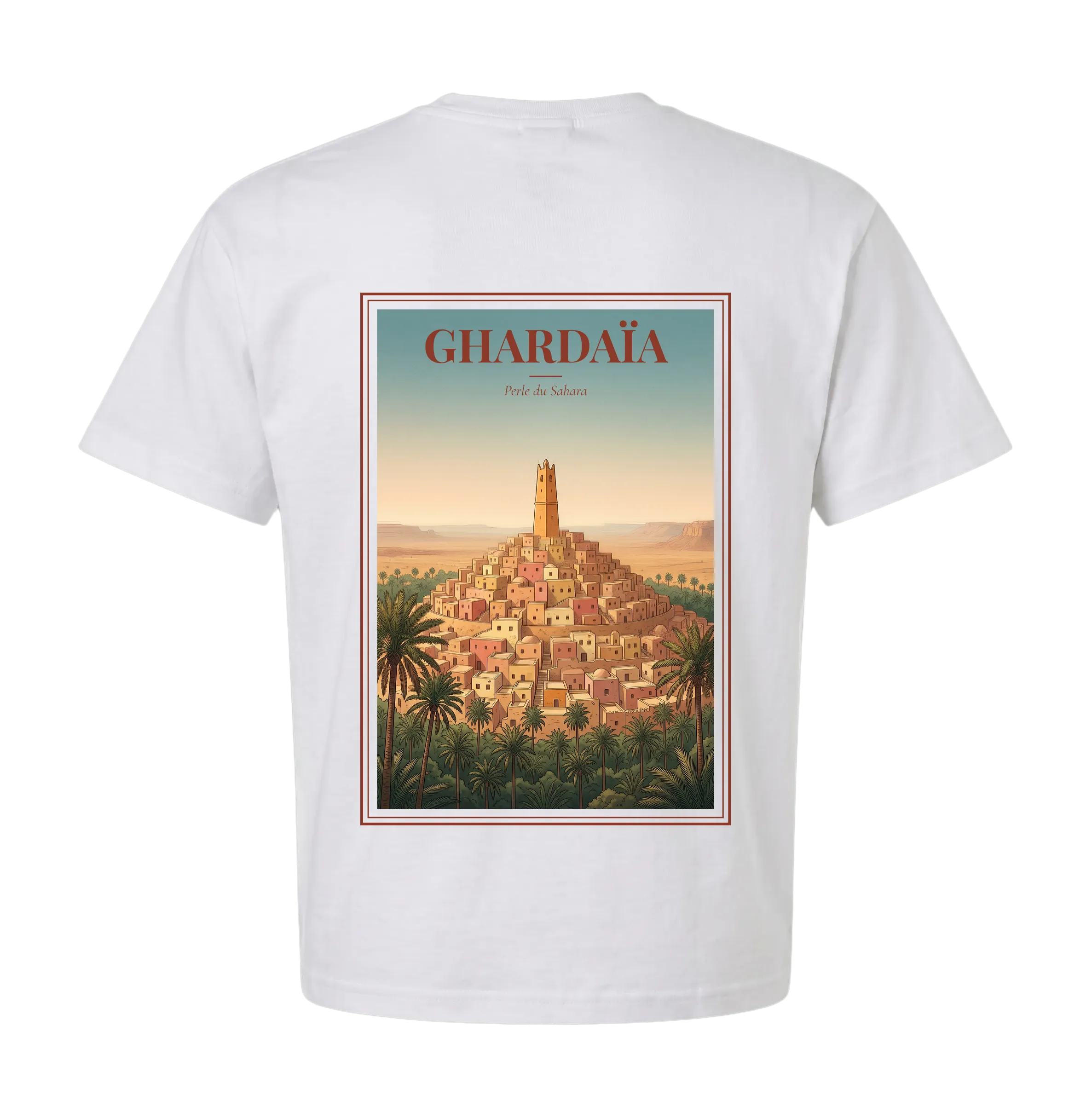 Ghardaïa t-shirt back with vintage poster of the M'Zab valley pentapolis, Mozabite minaret, desert oasis of palms, tagline Perle du Sahara