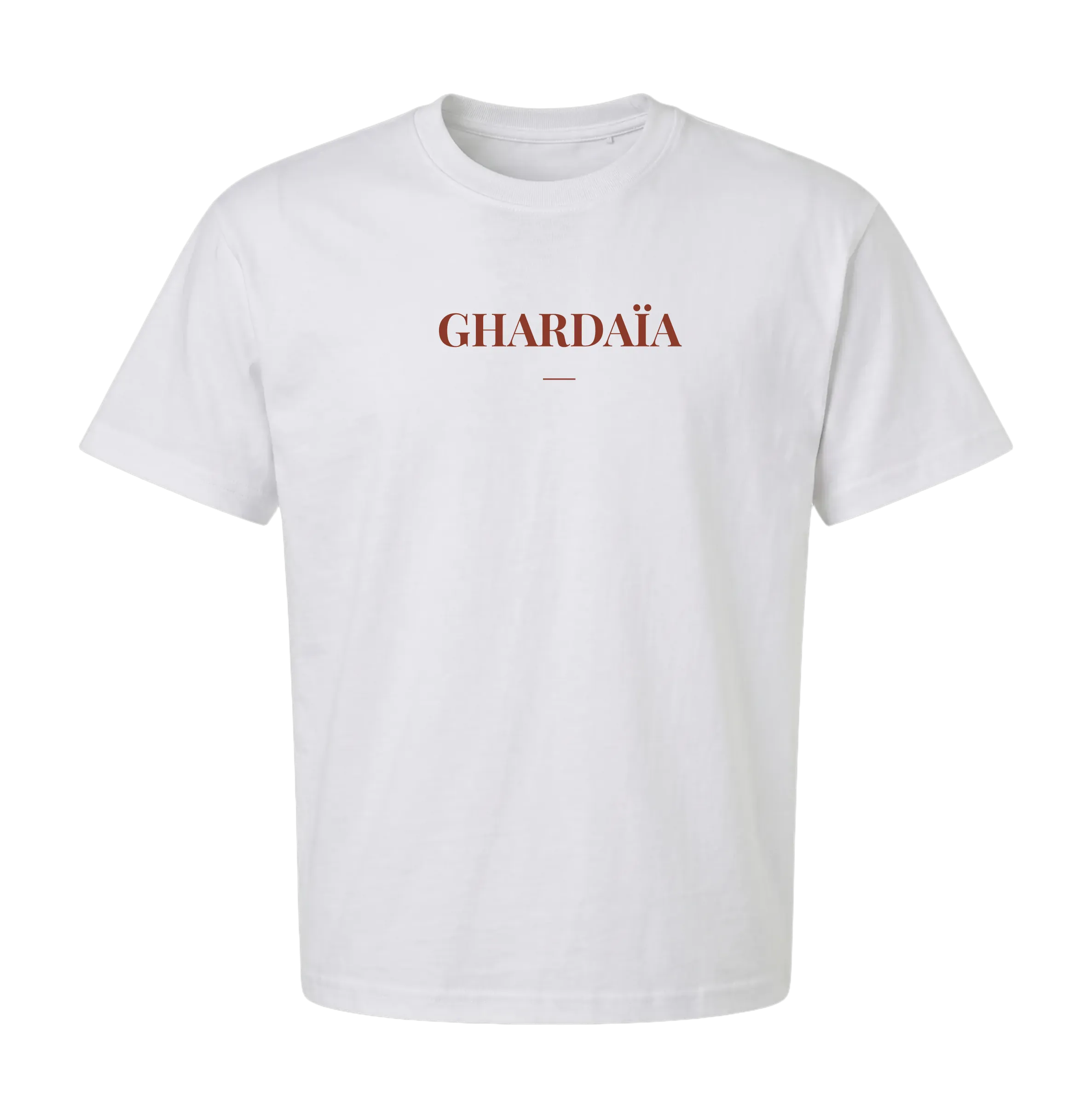 White Ghardaïa t-shirt front with centered GHARDAÏA wordmark in red