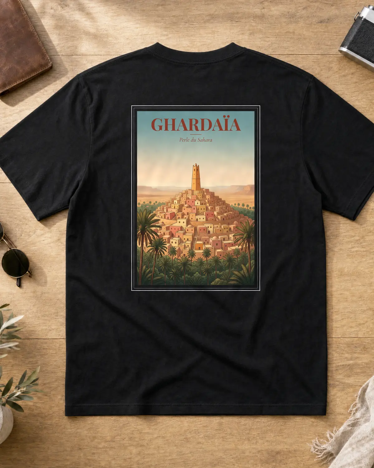 Black Ghardaïa t-shirt back with a vintage poster of the M'Zab valley, a Mozabite minaret, a palm oasis and the tagline Perle du Sahara