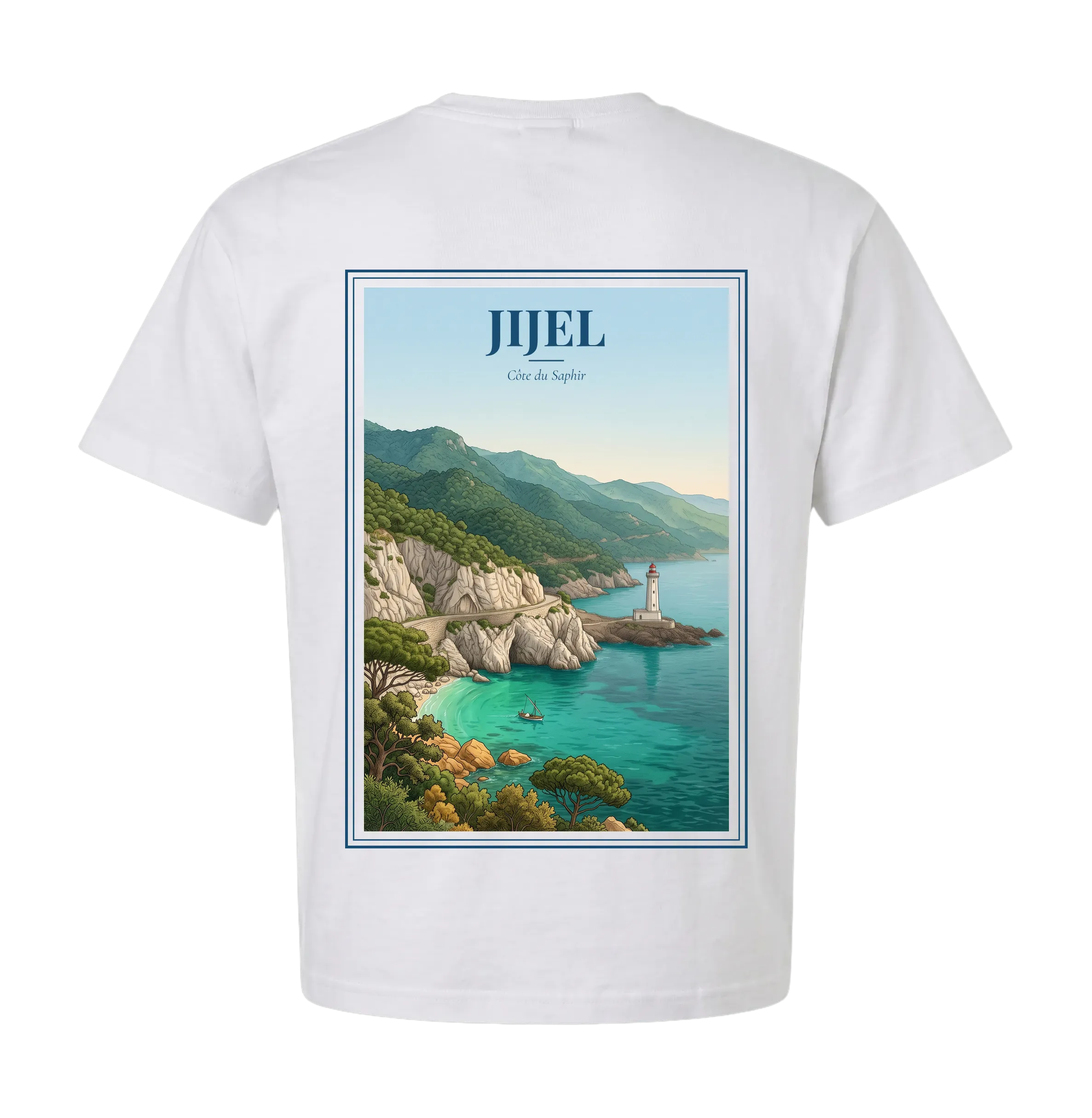 Jijel t-shirt back with vintage travel poster — turquoise Corniche Jijelienne, lighthouse and pine cliffs