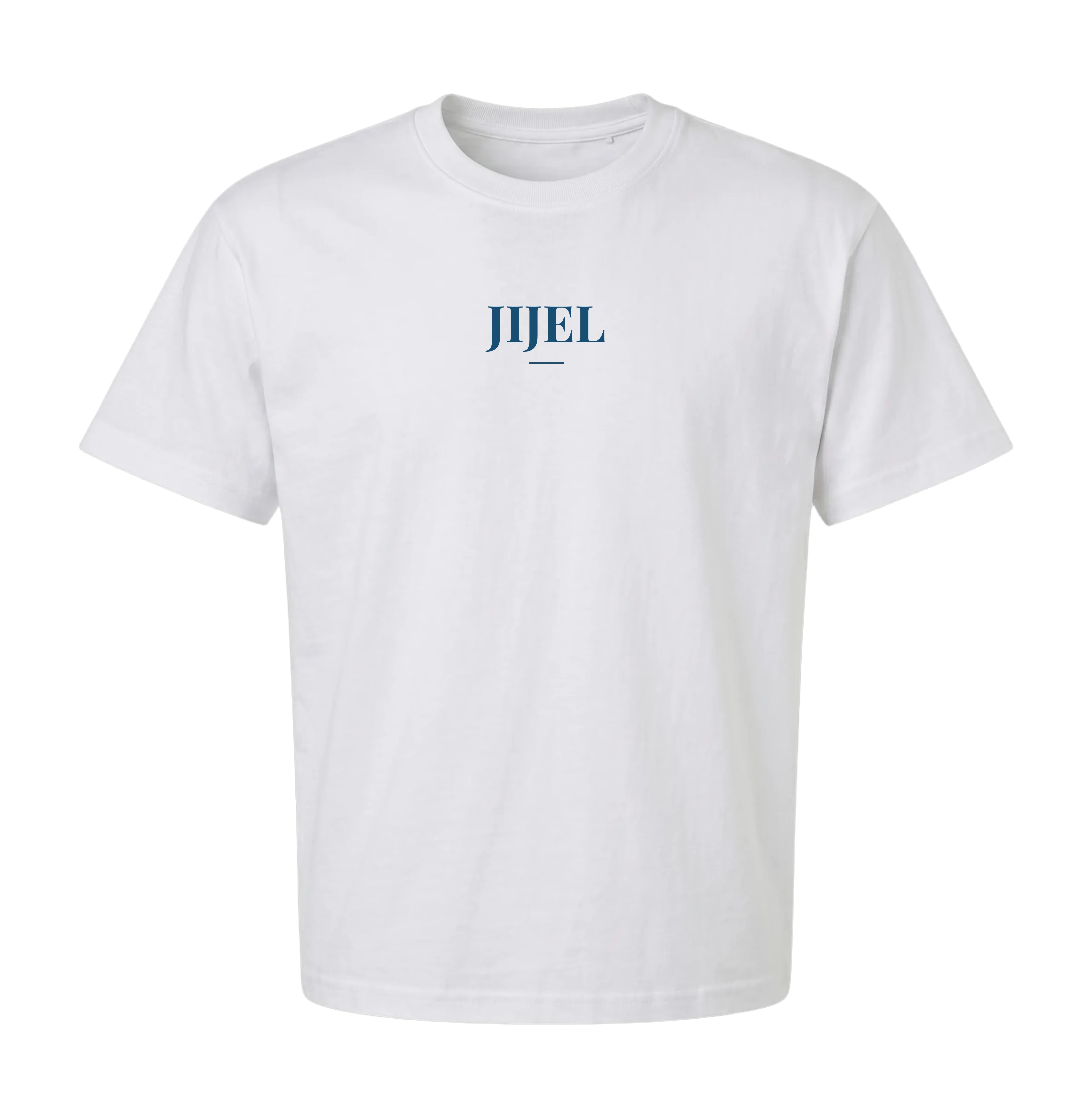 White Jijel t-shirt front with JIJEL chest wordmark in sapphire blue