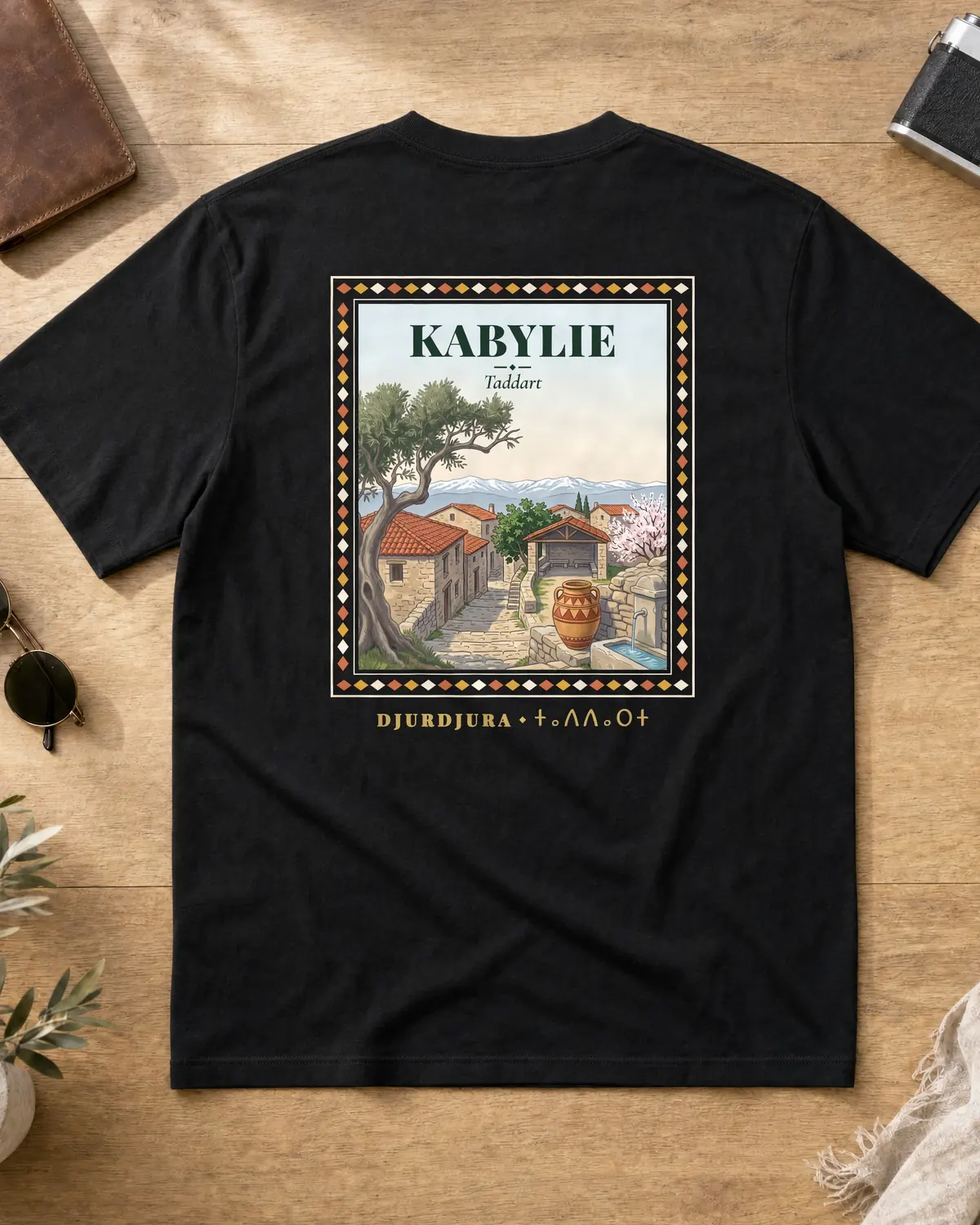 Black t-shirt back with a Kabyle village poster, olive tree and painted jar