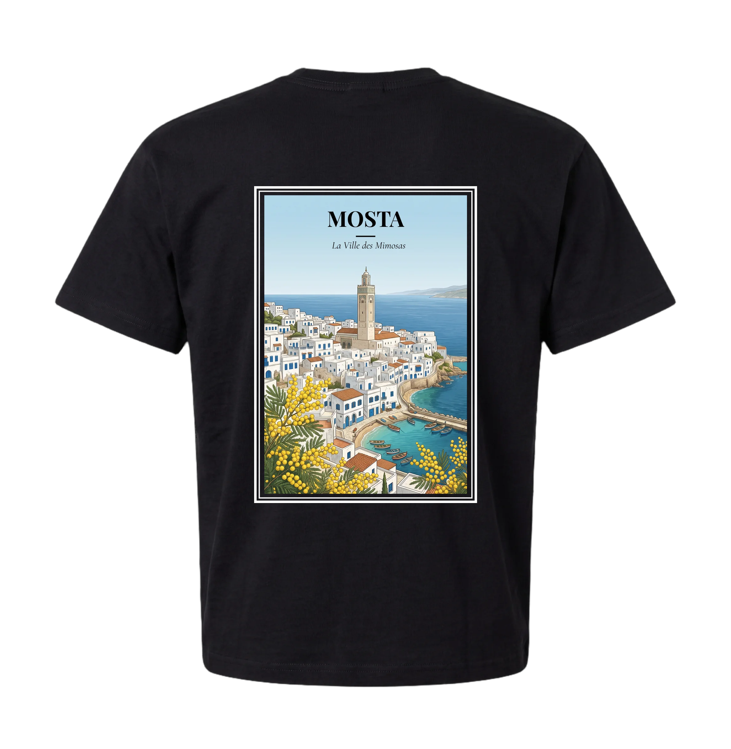 Black Mostaganem t-shirt back with vintage travel poster — whitewashed medina and red-tiled roofs tumbling to a turquoise cove, stone minaret at the crest, fishing boats in the harbour, yellow mimosa in the foreground under a calm blue sky