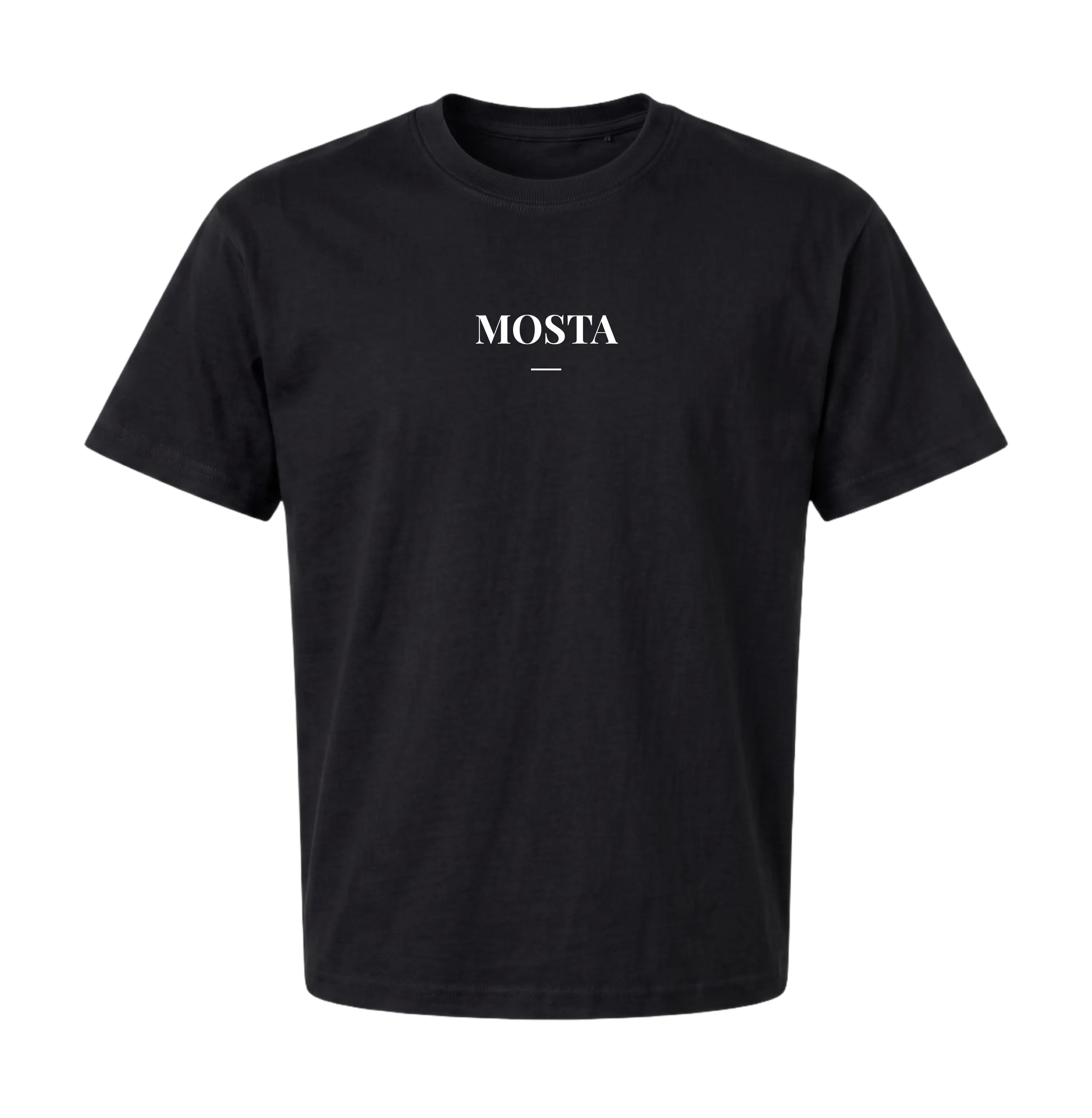 Black Mostaganem t-shirt front with MOSTA chest wordmark