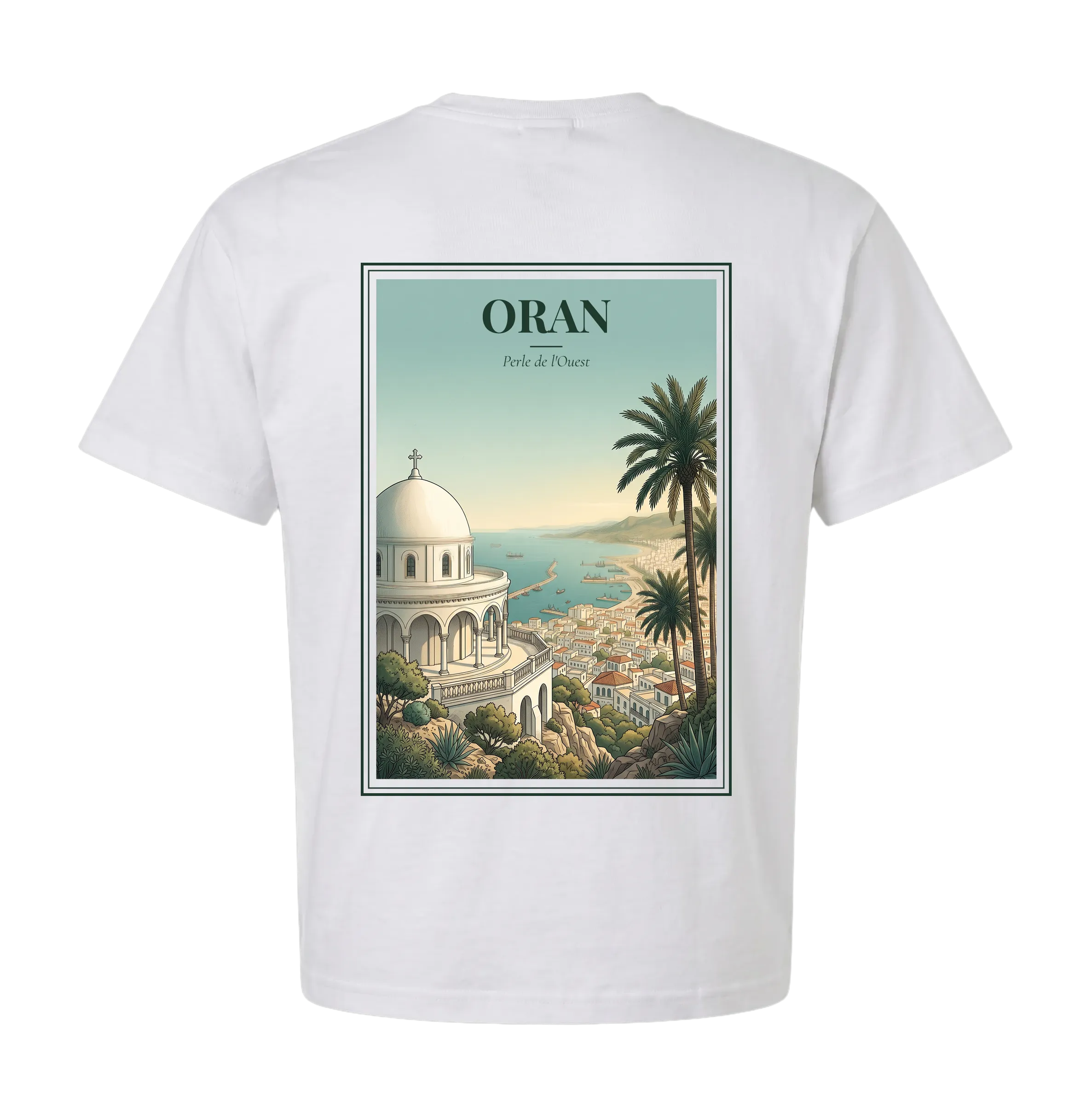 Oran t-shirt back with vintage poster of Santa Cruz church on the cliff over the bay of Oran, palm tree, tagline Perle de l'Ouest