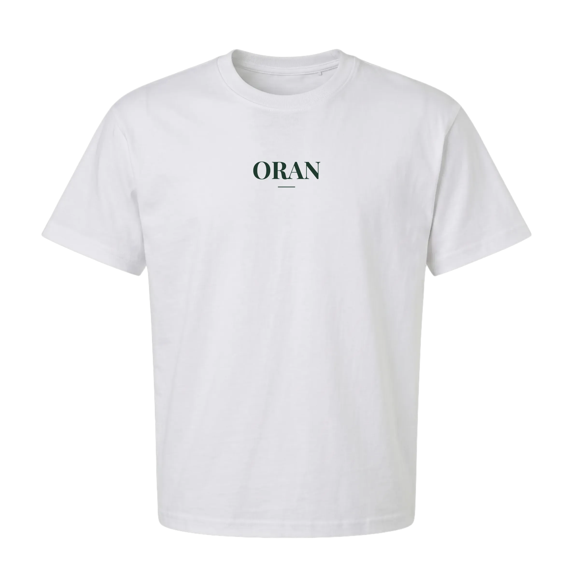 White Oran t-shirt front with centered ORAN wordmark in deep green