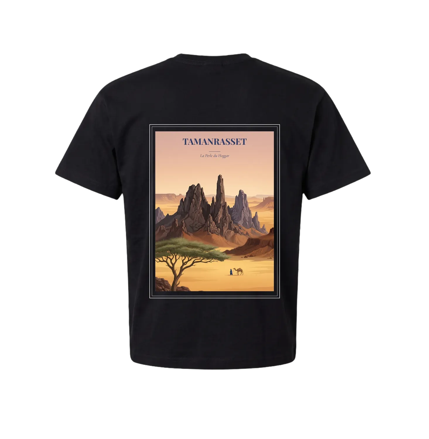 Black Tamanrasset t-shirt back with vintage travel poster — volcanic Hoggar spires at dusk, a lone acacia, and a Tuareg leading a camel across the Sahara