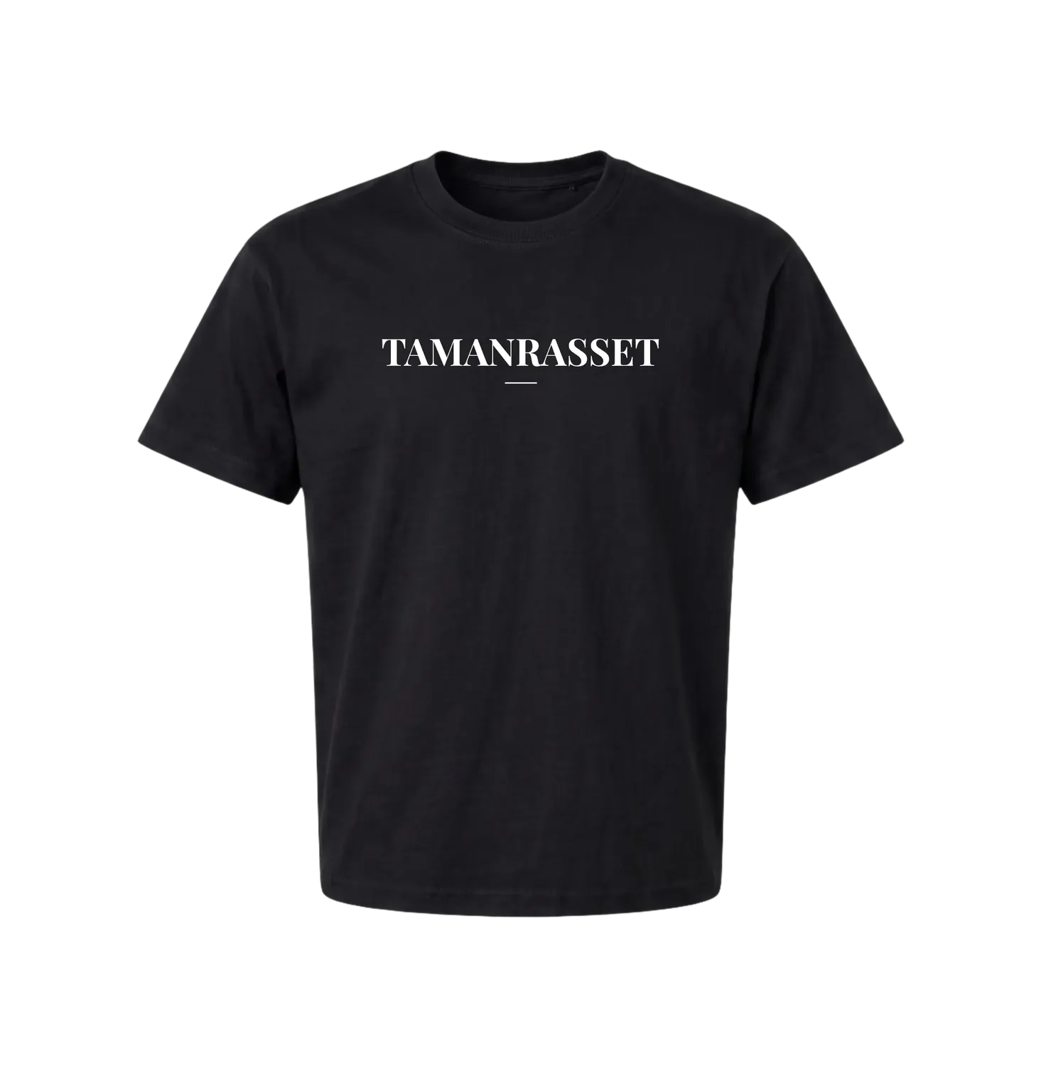 Black Tamanrasset t-shirt front with TAMANRASSET chest wordmark