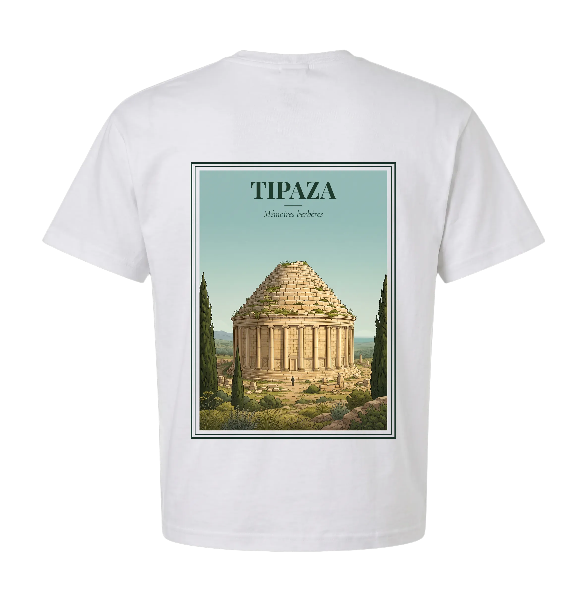 Tipaza t-shirt back with vintage poster of the Royal Mausoleum of Mauretania, cypress trees, sandstone, tagline Mémoires berbères