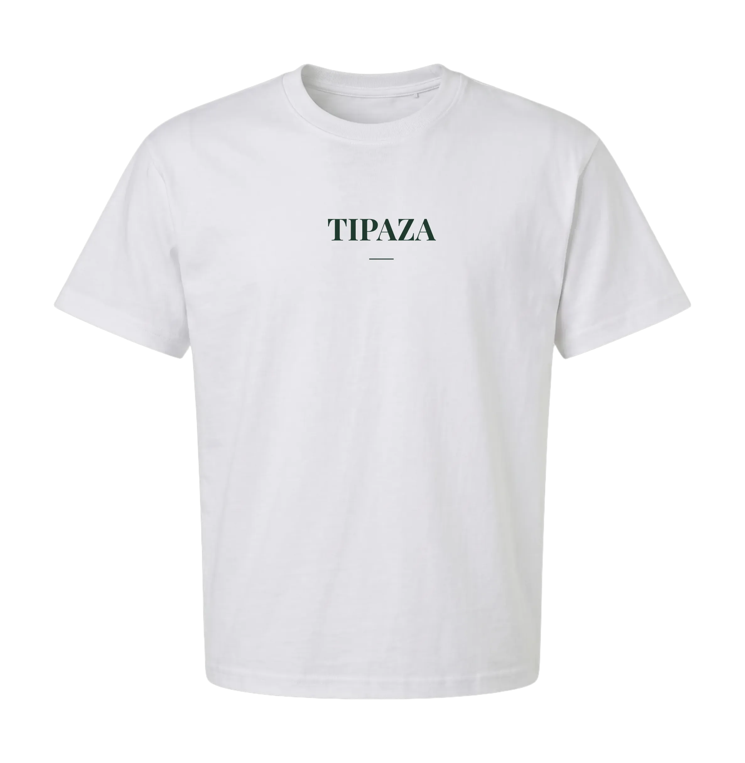 White Tipaza t-shirt front with centered TIPAZA wordmark in deep green