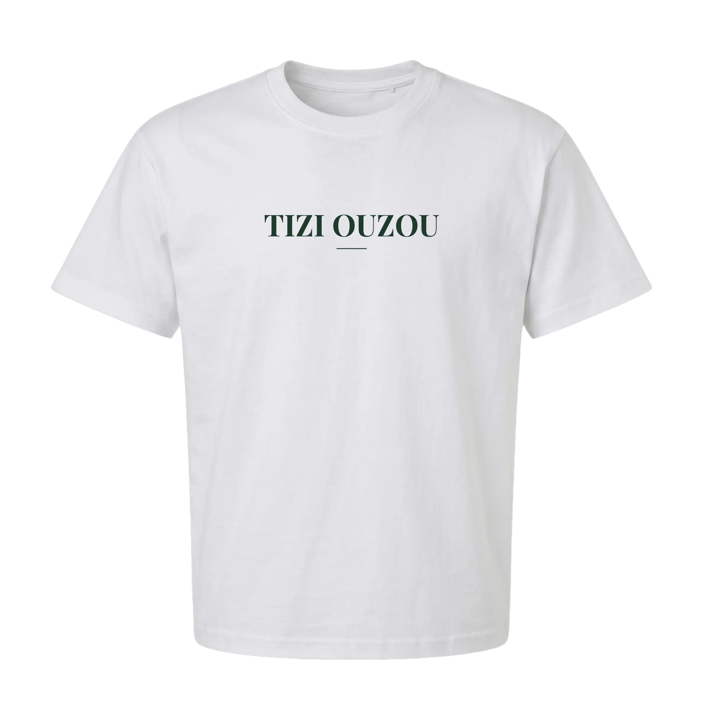 White Tizi Ouzou t-shirt front with centered TIZI OUZOU wordmark in deep green