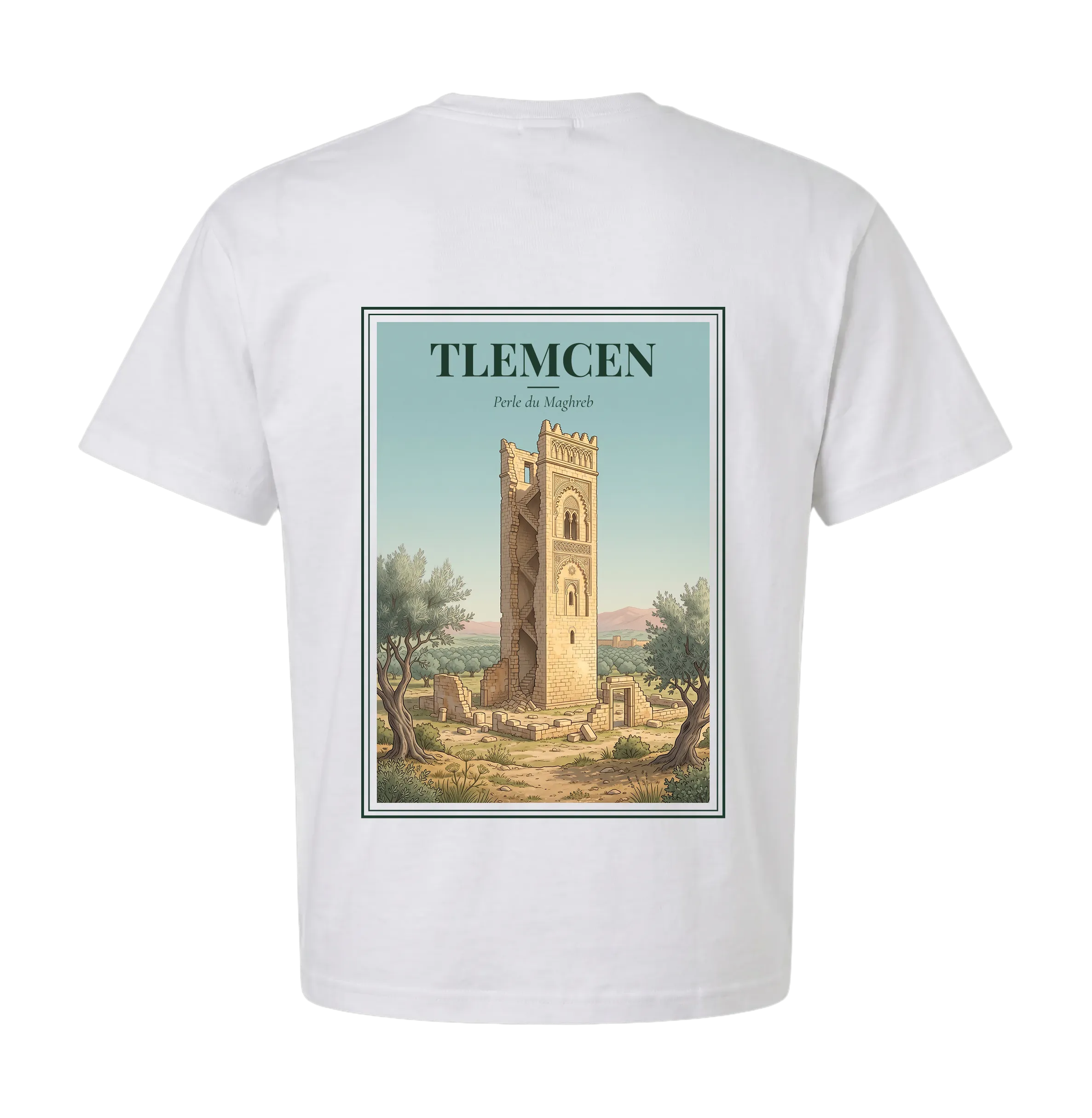 Tlemcen t-shirt back with vintage poster of the Sidi Boumediene minaret, olive trees, ruins, tagline Perle du Maghreb