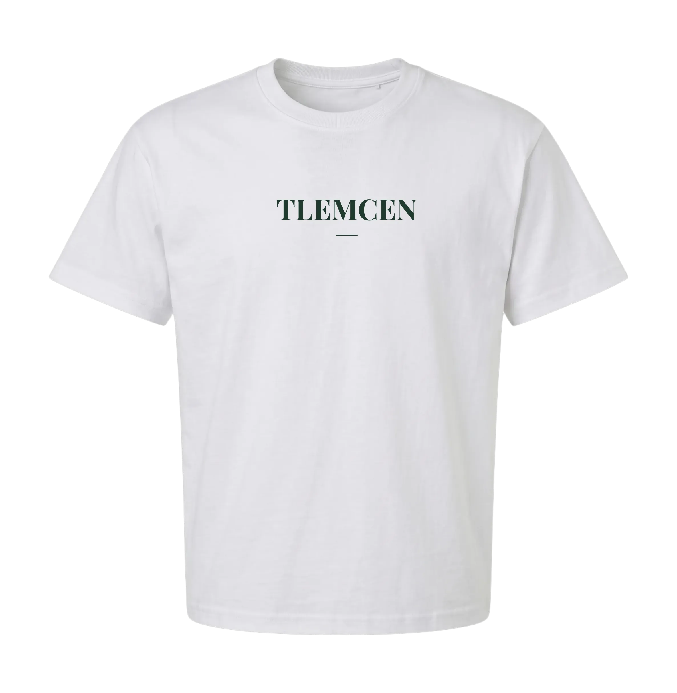 White Tlemcen t-shirt front with centered TLEMCEN wordmark in deep green