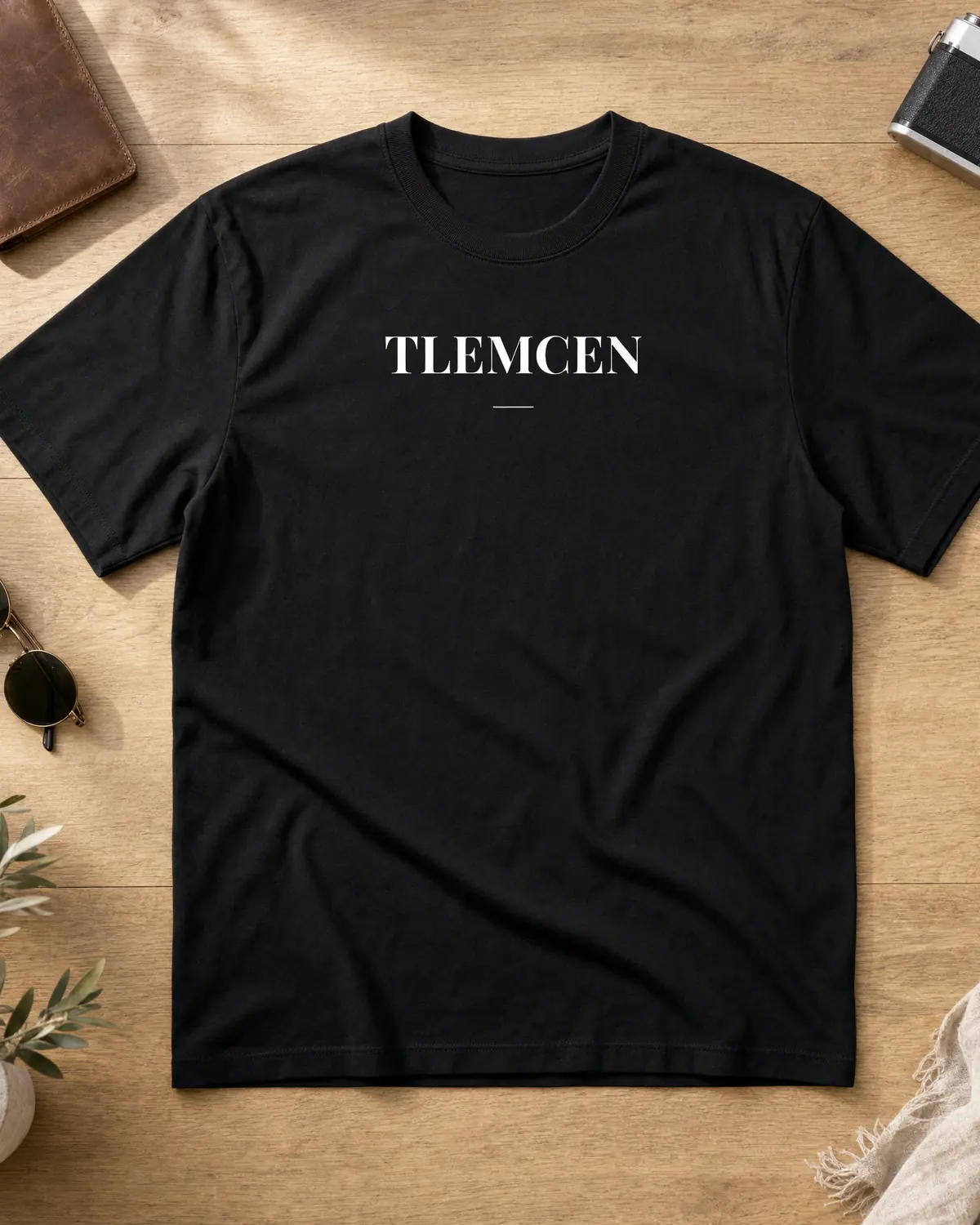 Black Tlemcen t-shirt front with a centered white TLEMCEN wordmark