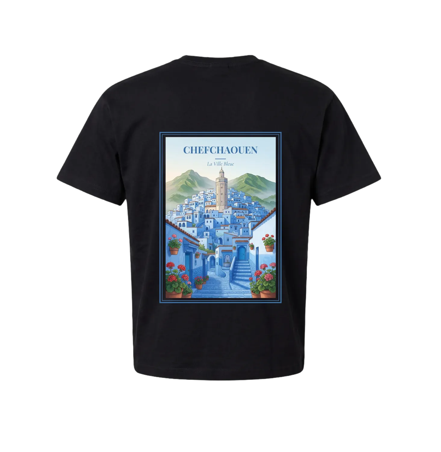 Black Chefchaouen t-shirt back with vintage travel poster — a blue-washed medina climbing the Rif hillside, a minaret and green mountains behind, and a stepped cobalt alley lined with terracotta pots of red geraniums