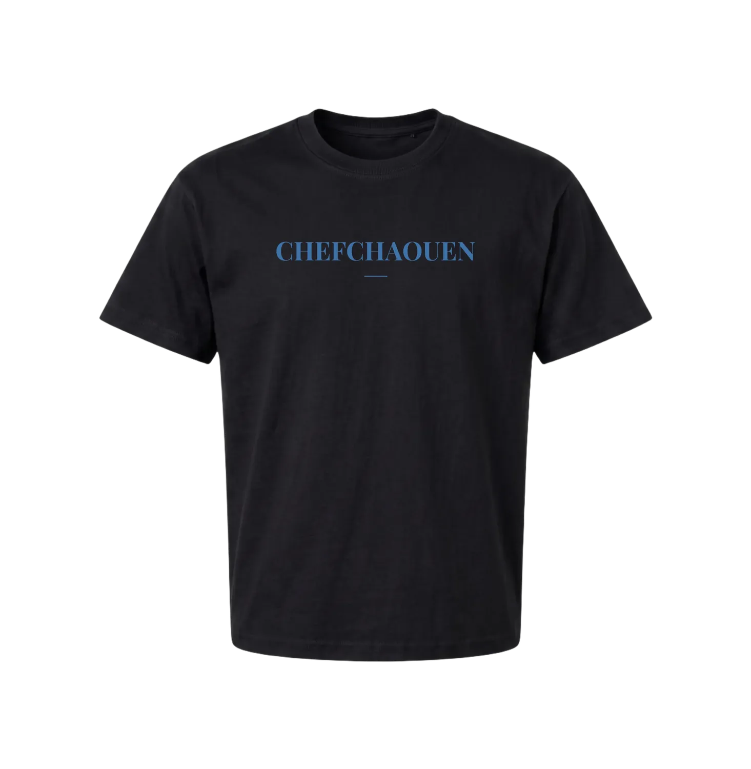 Black Chefchaouen t-shirt front with CHEFCHAOUEN chest wordmark