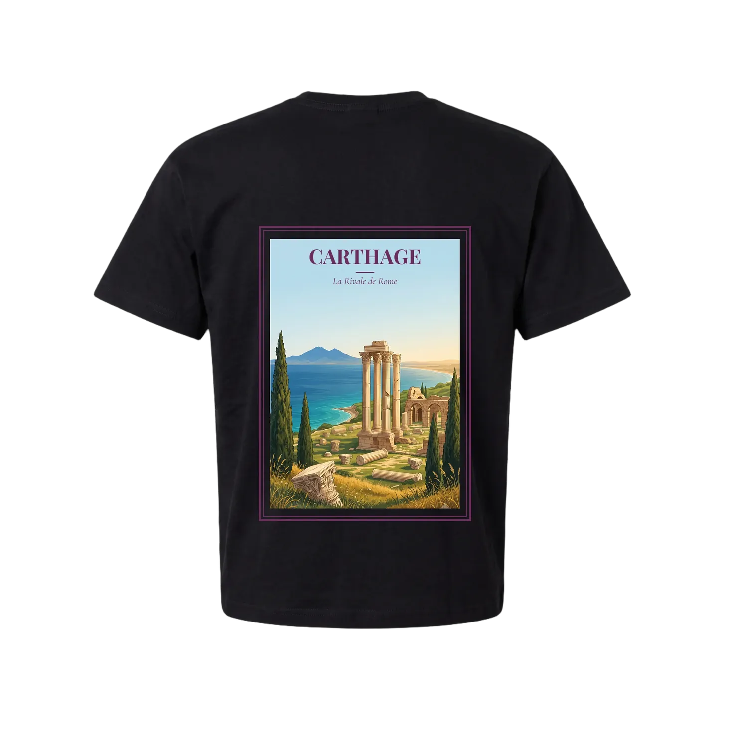 Black Carthage t-shirt back with vintage travel poster — Roman ruins and standing columns on a green headland above the Gulf of Tunis, with the twin peaks of Bou Kornine going violet at dusk in a wine-purple frame