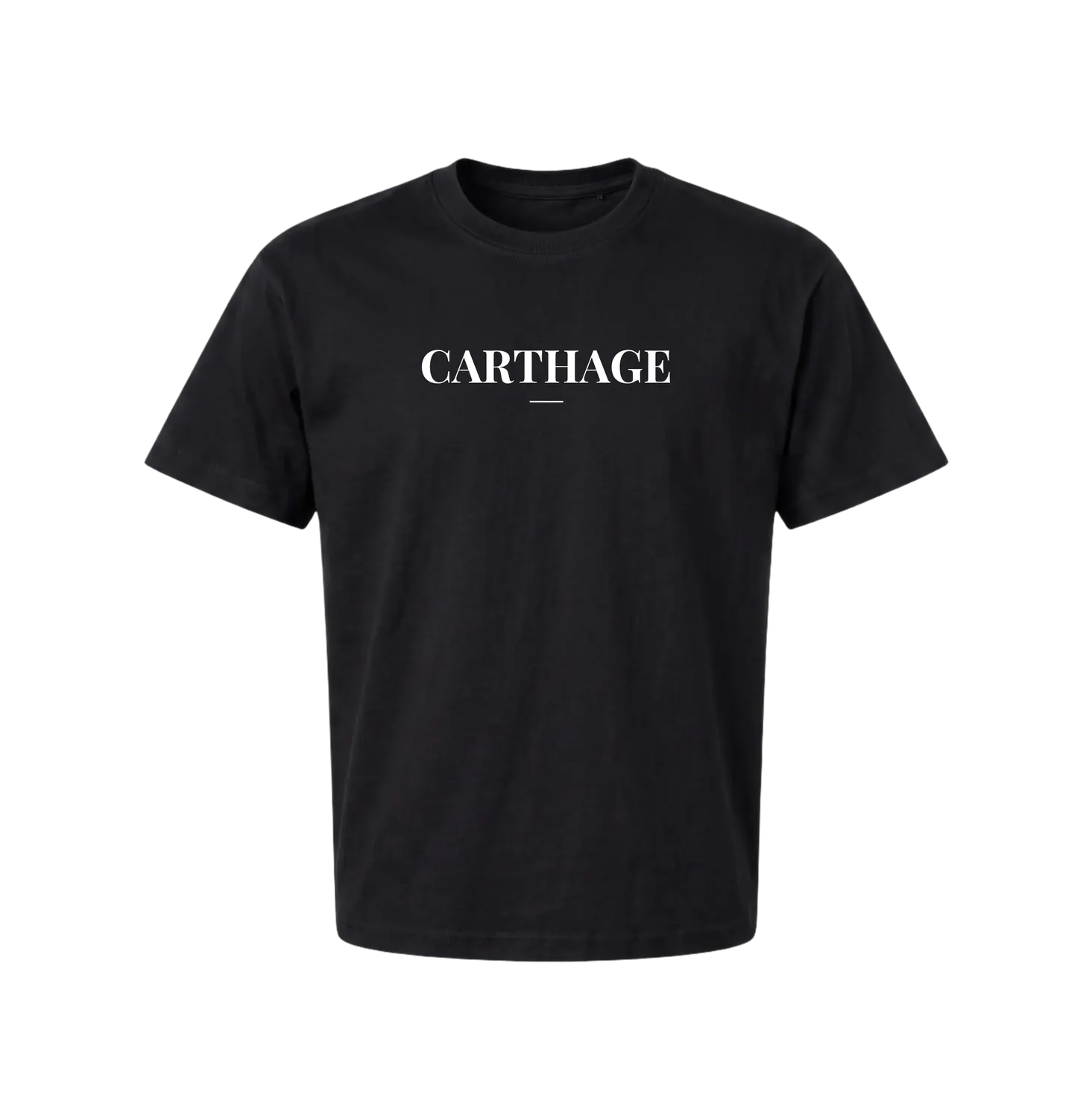 Black Carthage t-shirt front with CARTHAGE chest wordmark