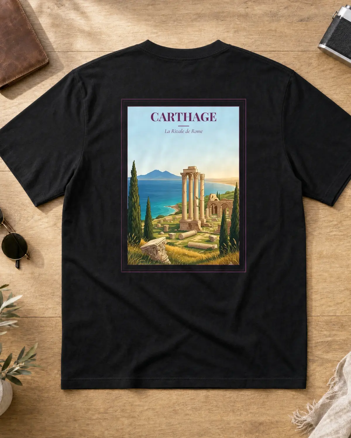 Black Carthage t-shirt back with vintage travel poster — Roman ruins and standing columns on a green headland above the Gulf of Tunis, with the twin peaks of Bou Kornine going violet at dusk in a wine-purple frame