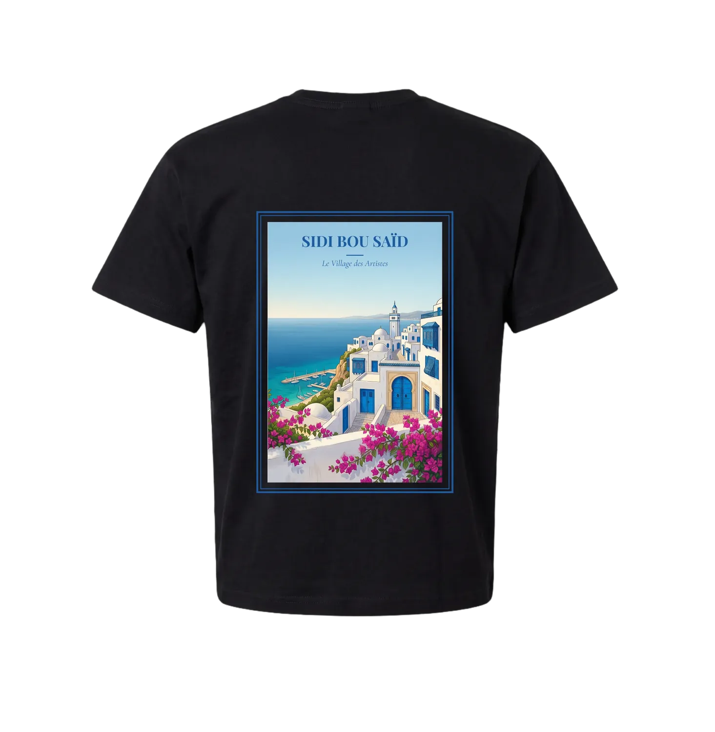 Black Sidi Bou Saïd t-shirt back with vintage travel poster — cobalt-and-white clifftop village, blue doors and mashrabiya, magenta bougainvillea, a minaret and a marina on the Gulf of Tunis below