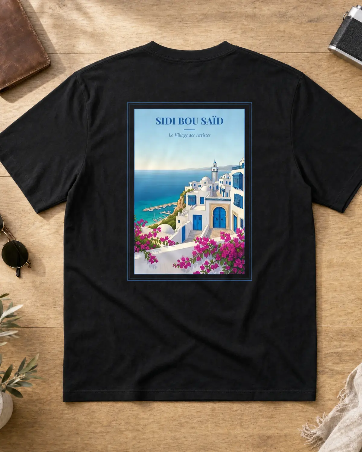 Black Sidi Bou Saïd t-shirt back with vintage travel poster — cobalt-and-white clifftop village, blue doors and mashrabiya, magenta bougainvillea, a minaret and a marina on the Gulf of Tunis below